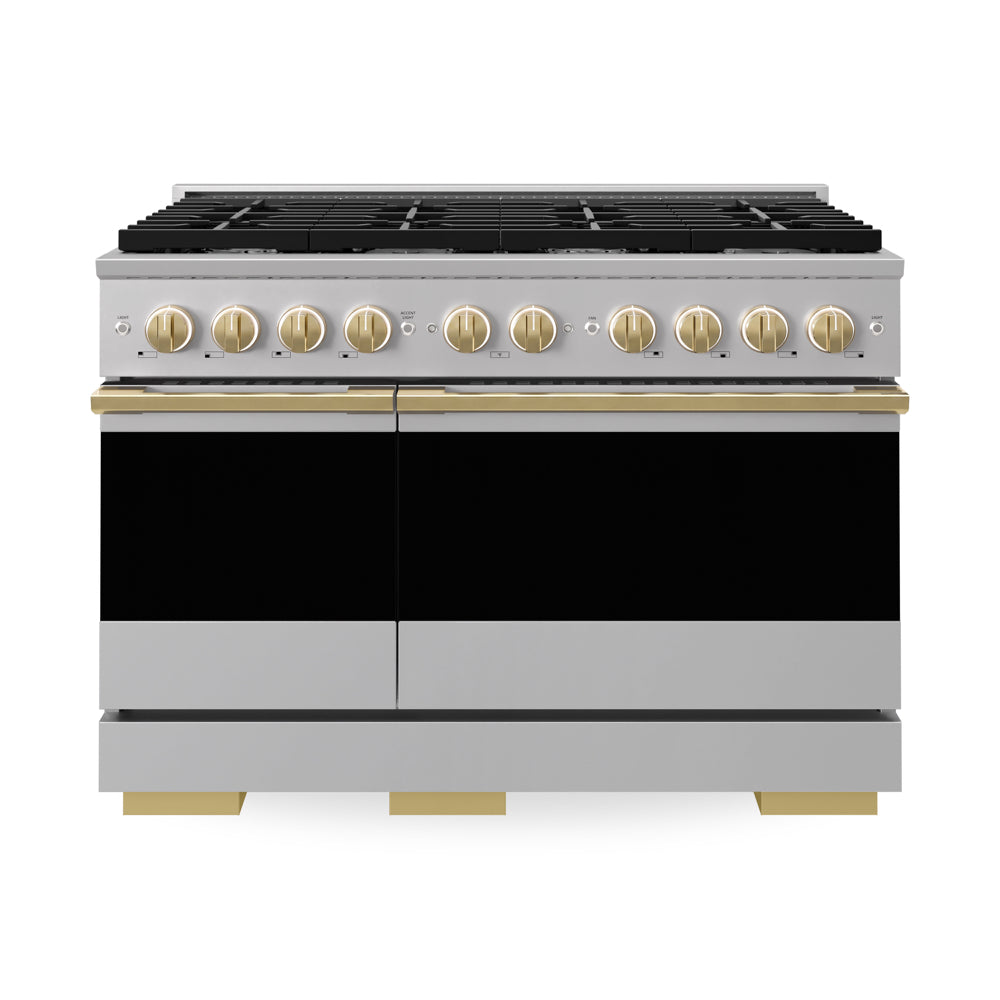 ZLINE Autograph Edition 48 in. 6.7 cu. ft. Marino Double Oven Dual Fuel Range with 8 Burner Gas Cooktop in Stainless Steel and Polished Gold Accents (MDRZ-48-G)