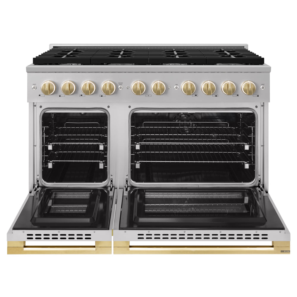 ZLINE Autograph Edition 48 in. 6.7 cu. ft. Marino Double Oven Dual Fuel Range with 8 Burner Gas Cooktop in Stainless Steel and Polished Gold Accents (MDRZ-48-G)