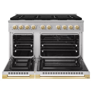 ZLINE Autograph Edition 48 in. 6.7 cu. ft. Marino Double Oven Dual Fuel Range with 8 Burner Gas Cooktop in Stainless Steel and Polished Gold Accents (MDRZ-48-G)