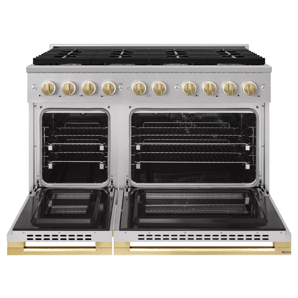 ZLINE Autograph Edition 48 in. 6.7 cu. ft. Marino Double Oven Dual Fuel Range with 8 Burner Gas Cooktop in Stainless Steel and Polished Gold Accents (MDRZ-48-G) front, oven open.