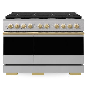 ZLINE Autograph Edition 48 in. 6.7 cu. ft. Marino Double Oven Dual Fuel Range with 8 Burner Gas Cooktop in Stainless Steel and Polished Gold Accents (MDRZ-48-G)