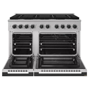ZLINE Autograph Edition 48 in. 6.7 cu. ft. Marino Double Oven Dual Fuel Range with 8 Burner Gas Cooktop in Stainless Steel and Matte Black Accents (MDRZ-48-MB) front, oven open.