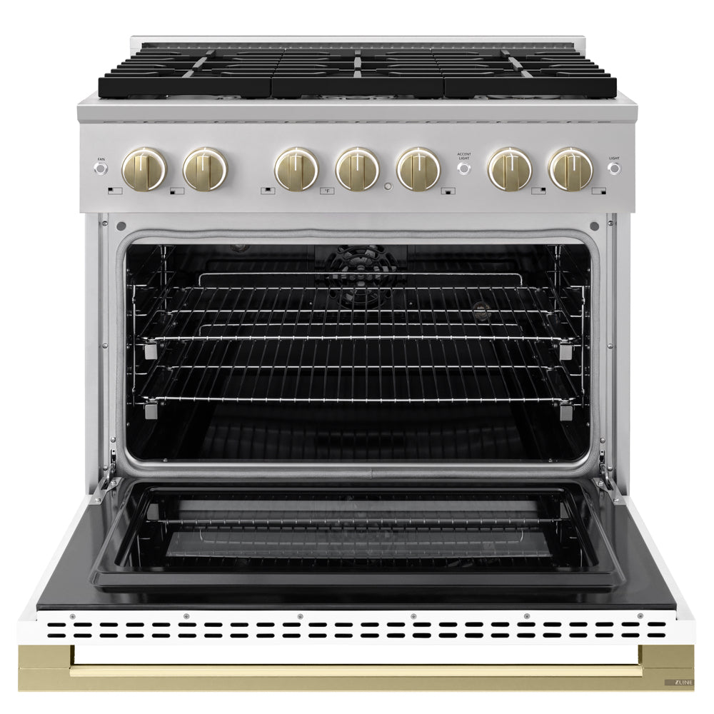 ZLINE Autograph Edition 36 in. 5.2 cu. ft. Marino Dual Fuel Range with 6 Burner Gas Cooktop and Electric Convection Oven in Stainless Steel with White Matte Door and Champagne Bronze Accents (MDRZ-WM-36-CB)