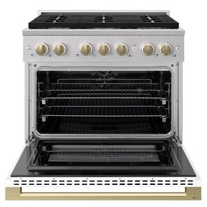 ZLINE Autograph Edition 36 in. 5.2 cu. ft. Marino Dual Fuel Range with 6 Burner Gas Cooktop and Electric Convection Oven in Stainless Steel with White Matte Door and Champagne Bronze Accents (MDRZ-WM-36-CB)