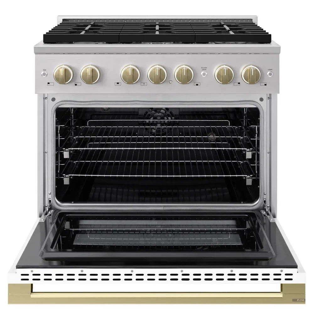 ZLINE Autograph Edition 36 in. 5.2 cu. ft. Marino Dual Fuel Range with 6 Burner Gas Cooktop and Electric Convection Oven in Stainless Steel with White Matte Door and Champagne Bronze Accents (MDRZ-WM-36-CB) front, oven open.
