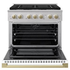ZLINE Autograph Edition 36 in. 5.2 cu. ft. Marino Dual Fuel Range with 6 Burner Gas Cooktop and Electric Convection Oven in Stainless Steel with White Matte Door and Champagne Bronze Accents (MDRZ-WM-36-CB) front, oven open.
