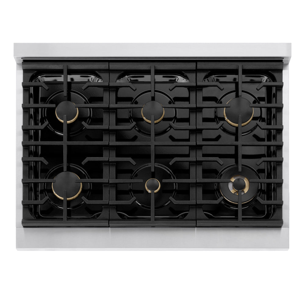 ZLINE Autograph Edition 36 in. 5.2 cu. ft. Marino Dual Fuel Range with 6 Burner Gas Cooktop and Electric Convection Oven in Stainless Steel with White Matte Door and Champagne Bronze Accents (MDRZ-WM-36-CB)
