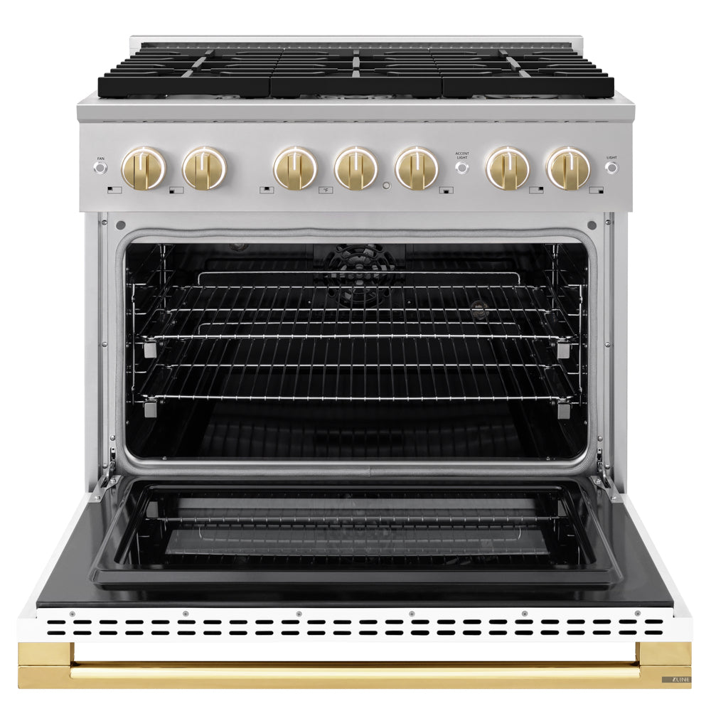 ZLINE Autograph Edition 36 in. 5.2 cu. ft. Marino Dual Fuel Range with 6 Burner Gas Cooktop and Electric Convection Oven in Stainless Steel with White Matte Door and Polished Gold Accents (MDRZ-WM-36-G)