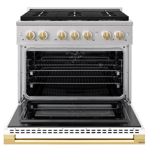 ZLINE Autograph Edition 36 in. 5.2 cu. ft. Marino Dual Fuel Range with 6 Burner Gas Cooktop and Electric Convection Oven in Stainless Steel with White Matte Door and Polished Gold Accents (MDRZ-WM-36-G)