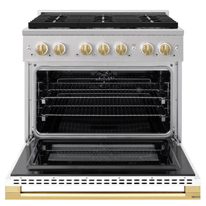 ZLINE Autograph Edition 36 in. 5.2 cu. ft. Marino Dual Fuel Range with 6 Burner Gas Cooktop and Electric Convection Oven in Stainless Steel with White Matte Door and Polished Gold Accents (MDRZ-WM-36-G) front, oven open.