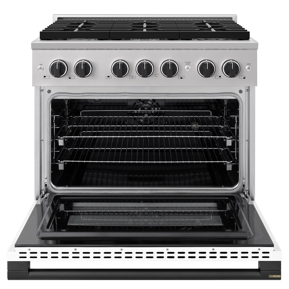 ZLINE Autograph Edition 36 in. 5.2 cu. ft. Marino Dual Fuel Range with 6 Burner Gas Cooktop and Electric Convection Oven in Stainless Steel with White Matte Door and Matte Black Accents (MDRZ-WM-36-MB)