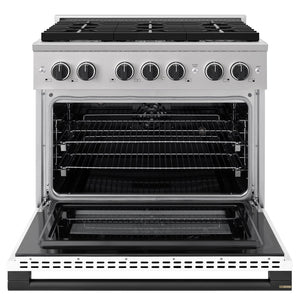 ZLINE Autograph Edition 36 in. 5.2 cu. ft. Marino Dual Fuel Range with 6 Burner Gas Cooktop and Electric Convection Oven in Stainless Steel with White Matte Door and Matte Black Accents (MDRZ-WM-36-MB)