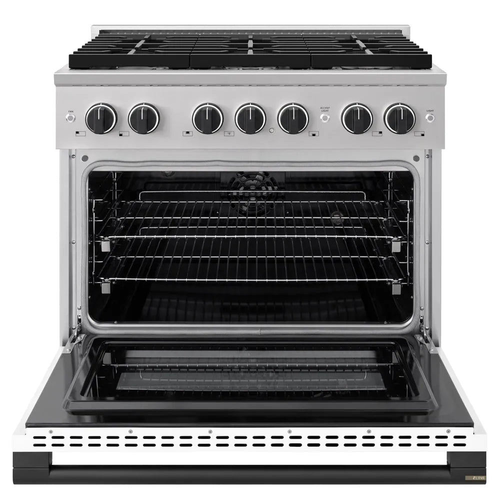 ZLINE Autograph Edition 36 in. 5.2 cu. ft. Marino Dual Fuel Range with 6 Burner Gas Cooktop and Electric Convection Oven in Stainless Steel with White Matte Door and Matte Black Accents (MDRZ-WM-36-MB) front, oven open.