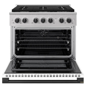 ZLINE Autograph Edition 36 in. 5.2 cu. ft. Marino Dual Fuel Range with 6 Burner Gas Cooktop and Electric Convection Oven in Stainless Steel with White Matte Door and Matte Black Accents (MDRZ-WM-36-MB) front, oven open.