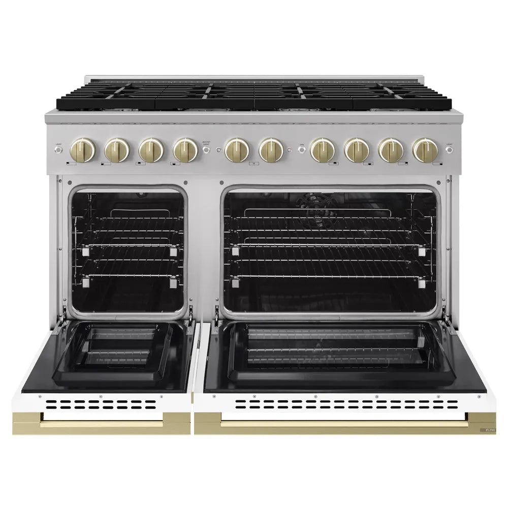 ZLINE Autograph Edition 48 in. 6.7 cu. ft. Marino Double Oven Dual Fuel Range with 8 Burner Gas Cooktop in Stainless Steel with White Matte Doors and Champagne Bronze Accents (MDRZ-WM-48-CB) front, oven open.