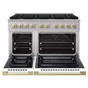ZLINE Autograph Edition 48 in. 6.7 cu. ft. Marino Double Oven Dual Fuel Range with 8 Burner Gas Cooktop in Stainless Steel with White Matte Doors and Champagne Bronze Accents (MDRZ-WM-48-CB) front, oven open.
