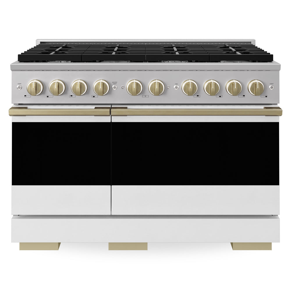 ZLINE Autograph Edition 48 in. 6.7 cu. ft. Marino Double Oven Dual Fuel Range with 8 Burner Gas Cooktop in Stainless Steel with White Matte Doors and Champagne Bronze Accents (MDRZ-WM-48-CB)
