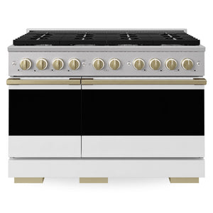 ZLINE Autograph Edition 48 in. 6.7 cu. ft. Marino Double Oven Dual Fuel Range with 8 Burner Gas Cooktop in Stainless Steel with White Matte Doors and Champagne Bronze Accents (MDRZ-WM-48-CB)