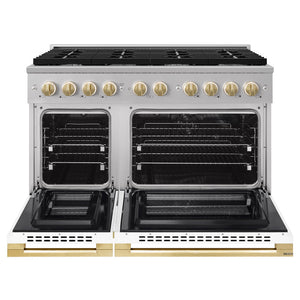 ZLINE Autograph Edition 48 in. 6.7 cu. ft. Marino Double Oven Dual Fuel Range with 8 Burner Gas Cooktop in Stainless Steel with White Matte Door and Polished Gold Accents (MDRZ-WM-48-G)