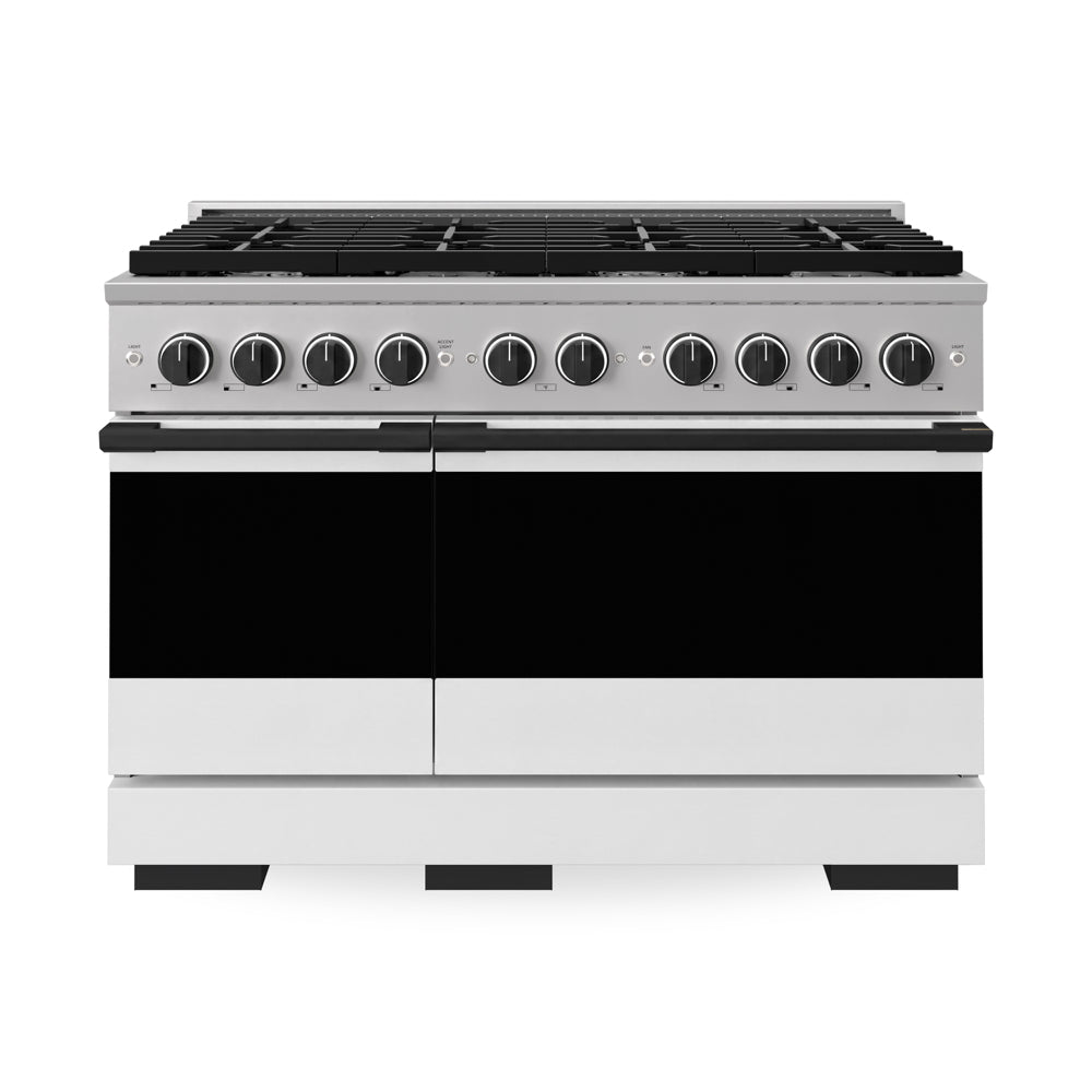 ZLINE Autograph Edition 48 in. 6.7 cu. ft. Marino Double Oven Dual Fuel Range with 8 Burner Gas Cooktop in Stainless Steel with White Matte Door and Matte Black Accents (MDRZ-WM-48-MB)