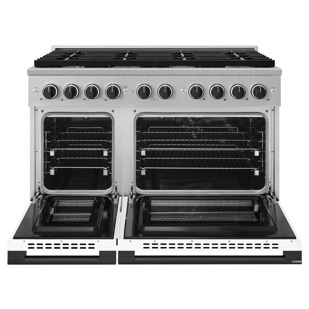 ZLINE Autograph Edition 48 in. 6.7 cu. ft. Marino Double Oven Dual Fuel Range with 8 Burner Gas Cooktop in Stainless Steel with White Matte Door and Matte Black Accents (MDRZ-WM-48-MB)