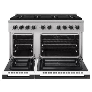ZLINE Autograph Edition 48 in. 6.7 cu. ft. Marino Double Oven Dual Fuel Range with 8 Burner Gas Cooktop in Stainless Steel with White Matte Door and Matte Black Accents (MDRZ-WM-48-MB) front, oven open.