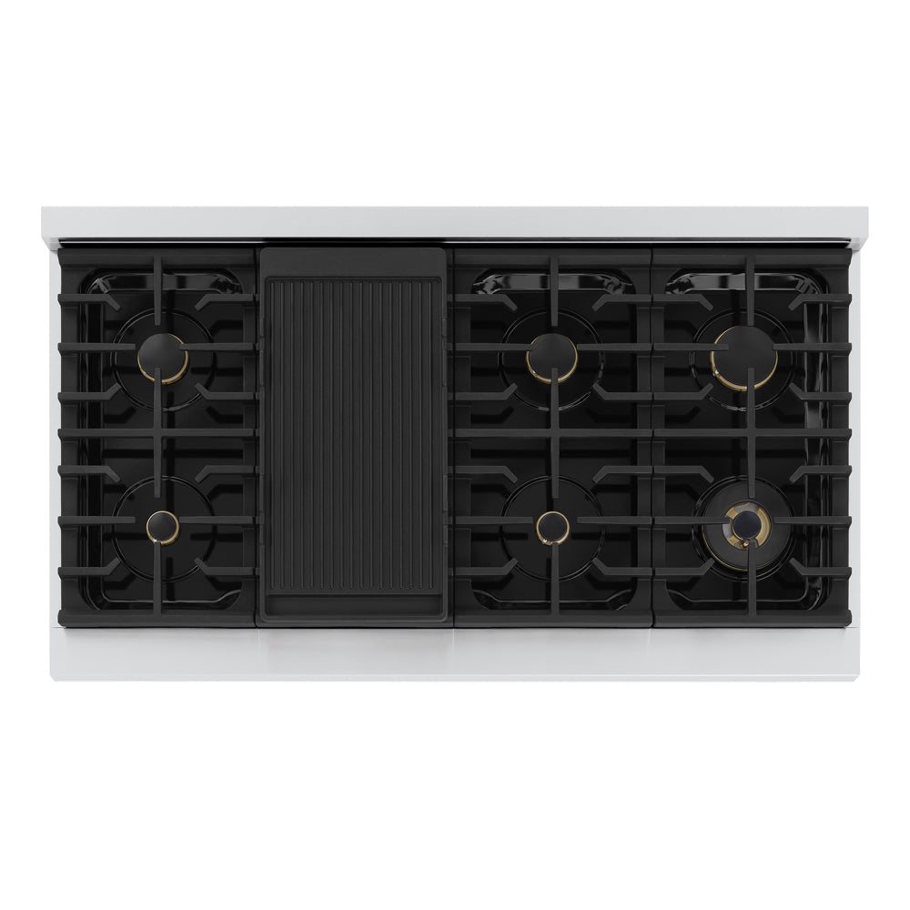 ZLINE Autograph Edition 48 in. 6.7 cu. ft. Marino Double Oven Dual Fuel Range with 8 Burner Gas Cooktop in Stainless Steel with White Matte Door and Matte Black Accents (MDRZ-WM-48-MB)