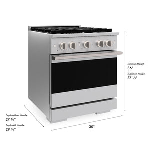 ZLINE 30 in. 4.2 cu. ft. Marino Dual Fuel Range with Gas Cooktop and Electric Convection Oven in Stainless Steel with 4 Brass Burners (MDR-BR-30) with dimensions labeled.