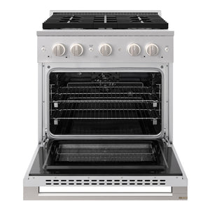 ZLINE 30 in. 4.2 cu. ft. Marino Dual Fuel Range with Gas Cooktop and Electric Convection Oven in Stainless Steel with 4 Brass Burners (MDR-BR-30) front, oven open.