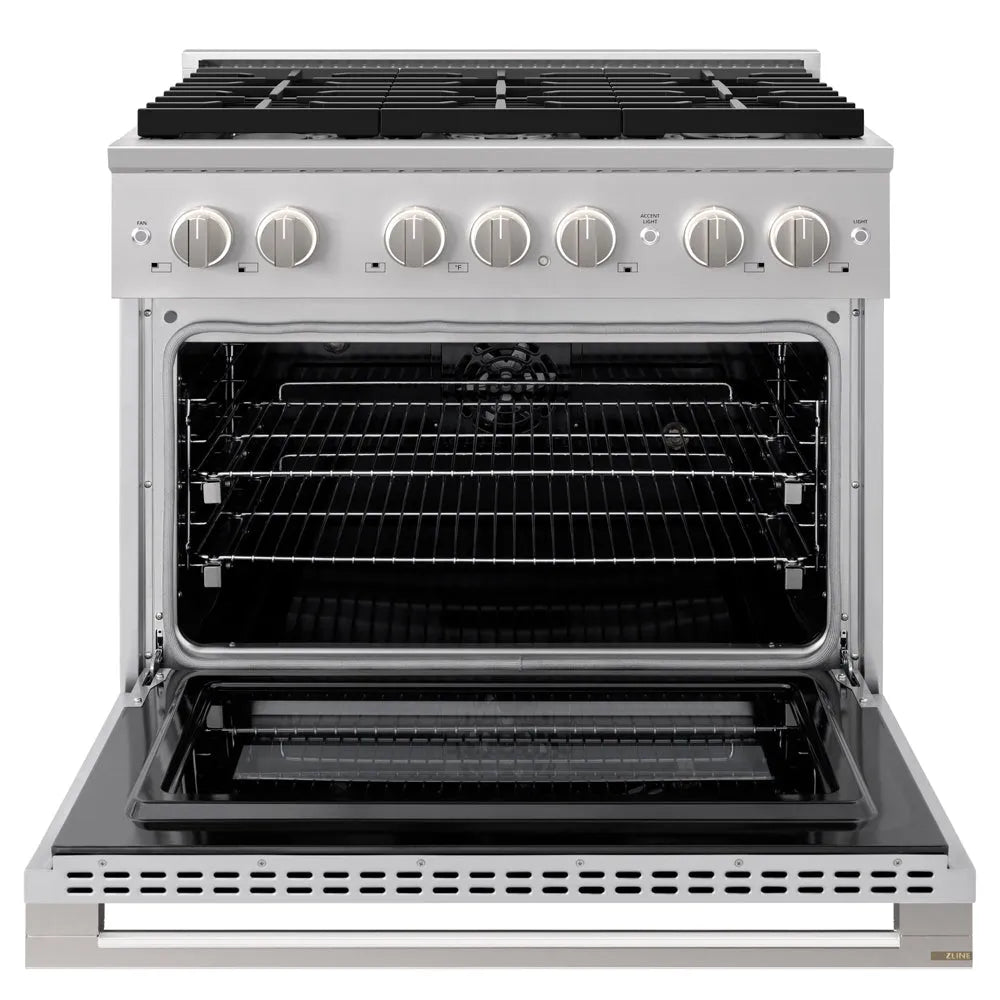 ZLINE 36 in. 5.2 cu. ft. Marino Dual Fuel Range with Gas Cooktop and Electric Convection Oven in Stainless Steel with 6 Brass Burners (MDR-BR-36) front, oven open.