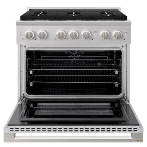 ZLINE 36 in. 5.2 cu. ft. Marino Dual Fuel Range with Gas Cooktop and Electric Convection Oven in Stainless Steel with 6 Brass Burners (MDR-BR-36) front, oven open.