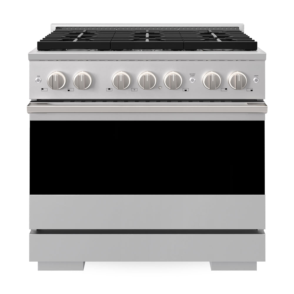 ZLINE 36 in. 5.2 cu. ft. Marino Dual Fuel Range with Gas Cooktop and Electric Convection Oven in Stainless Steel with 6 Brass Burners (MDR-BR-36) front, oven closed.