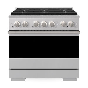 ZLINE 36 in. 5.2 cu. ft. Marino Dual Fuel Range with Gas Cooktop and Electric Convection Oven in Stainless Steel with 6 Brass Burners (MDR-BR-36) front, oven closed.