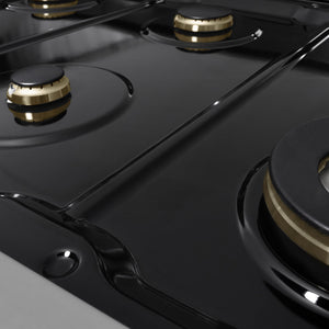 ZLINE 48 in. 6.7 cu. ft. Marino Double Oven Dual Fuel Range in Stainless Steel with 8 Brass Burners (MDR-BR-48) close-up, black porcelain cooktop without grates.