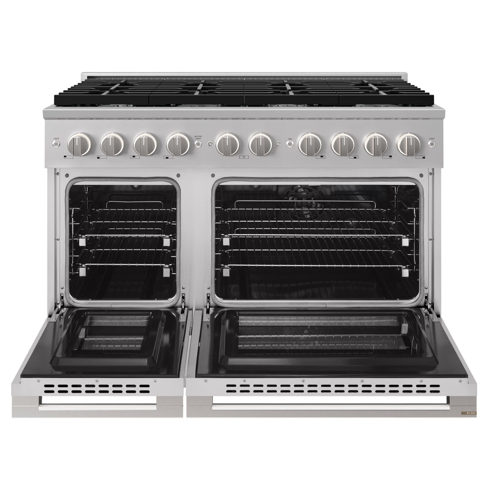 ZLINE 48 in. 6.7 cu. ft. Marino Double Oven Dual Fuel Range in Stainless Steel with 8 Brass Burners (MDR-BR-48) front, oven open.