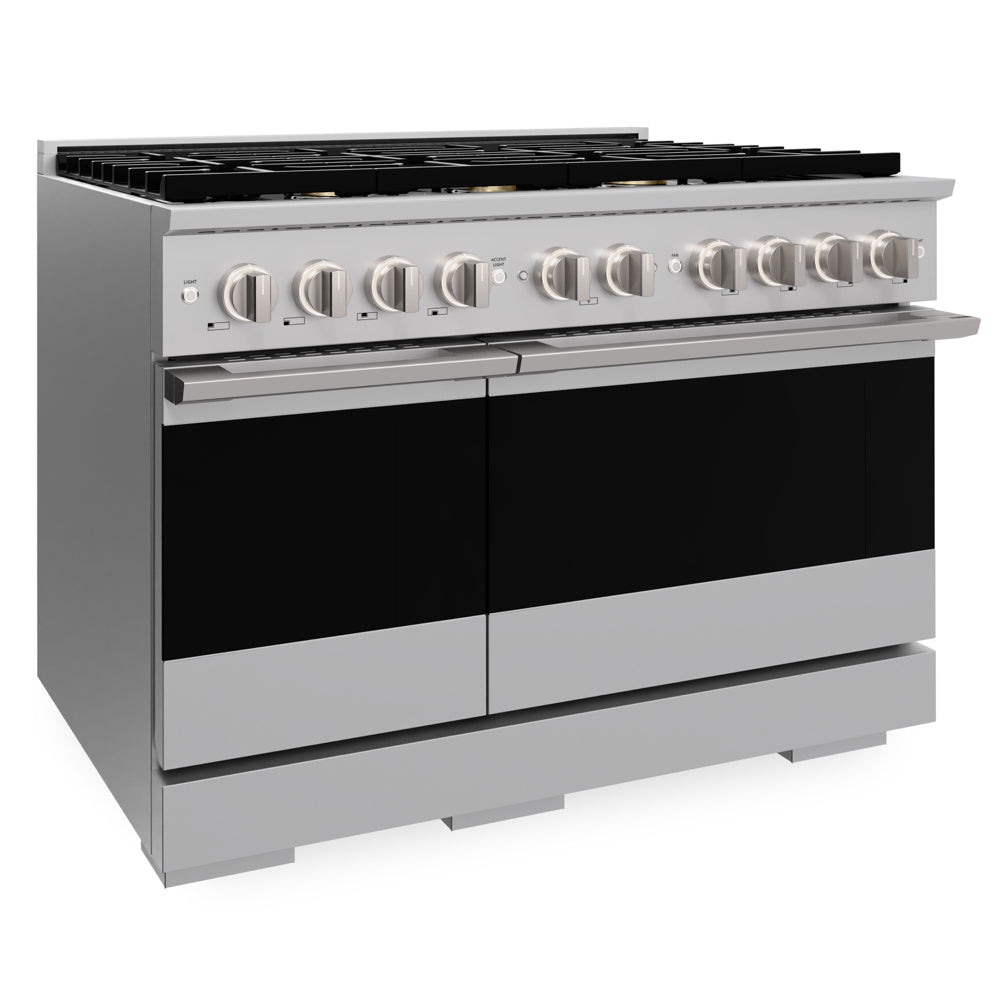 ZLINE 48 in. 6.7 cu. ft. Marino Double Oven Dual Fuel Range in Stainless Steel with 8 Brass Burners (MDR-BR-48) side.