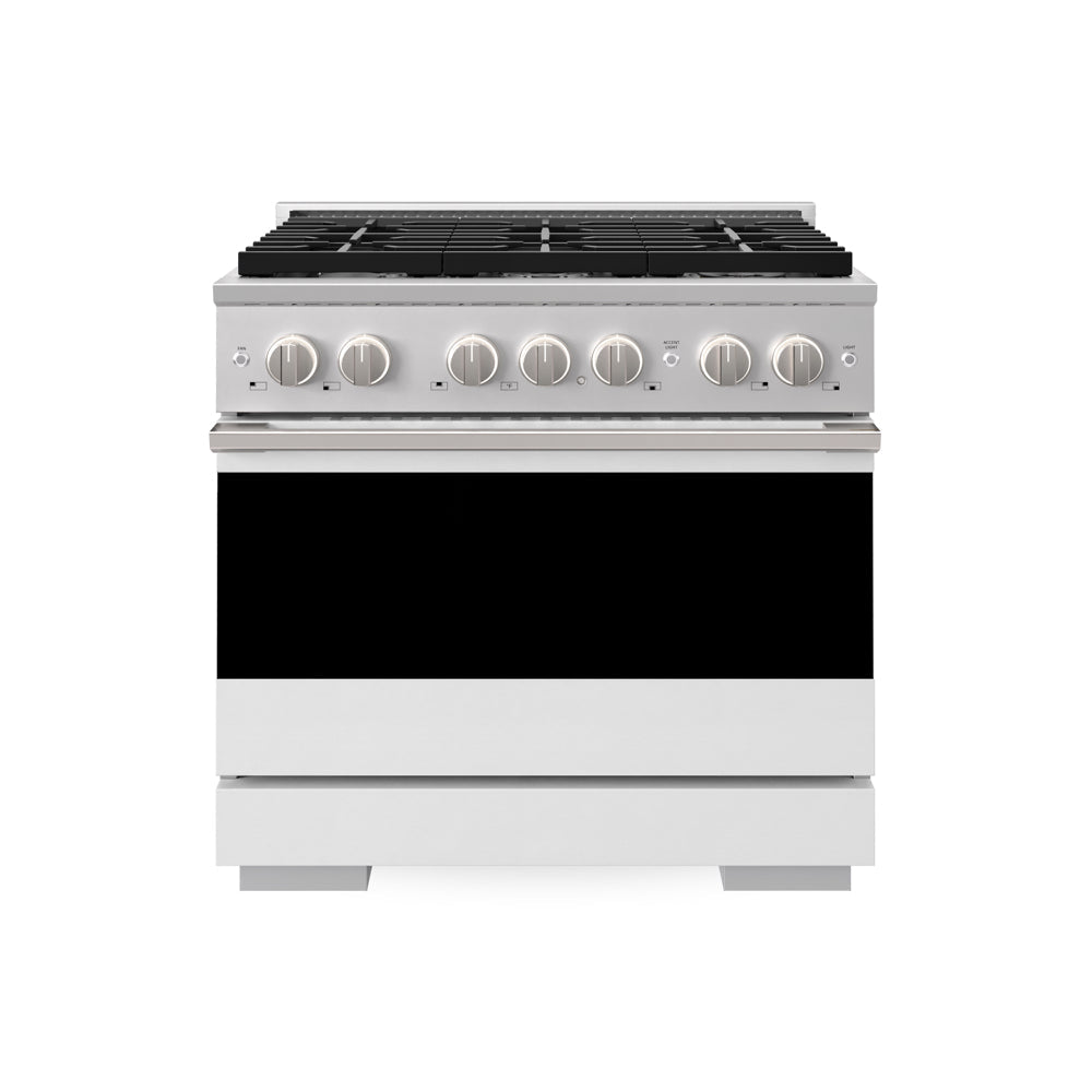 ZLINE 36 in. 5.2 cu. ft. Marino Dual Fuel Range with 6 Burner Gas Cooktop and Electric Convection Oven in Stainless Steel with White Matte Door (MDR-WM-36) main image.