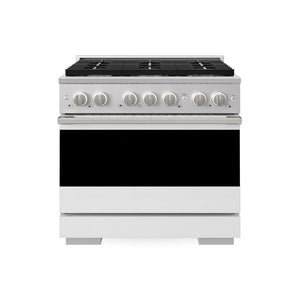 ZLINE 36 in. 5.2 cu. ft. Marino Dual Fuel Range with 6 Burner Gas Cooktop and Electric Convection Oven in Stainless Steel with White Matte Door (MDR-WM-36) main image.