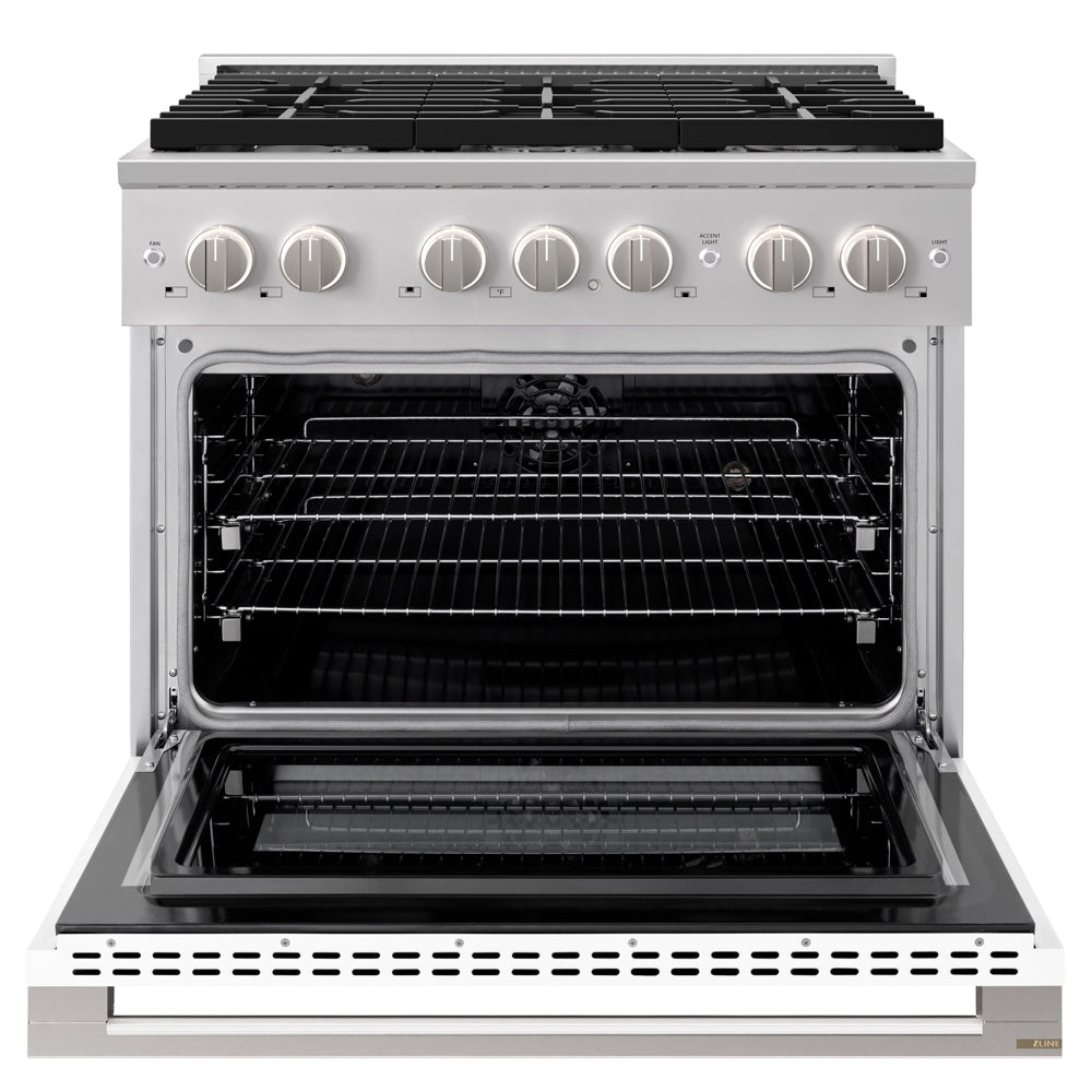 ZLINE 36 in. 5.2 cu. ft. Marino Dual Fuel Range with 6 Burner Gas Cooktop and Electric Convection Oven in Stainless Steel with White Matte Door (MDR-WM-36) front, oven open.
