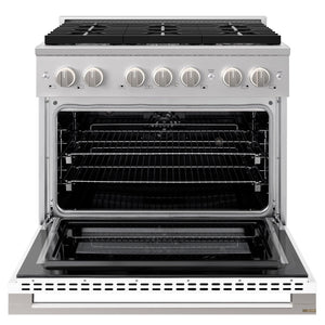 ZLINE 36 in. 5.2 cu. ft. Marino Dual Fuel Range with 6 Burner Gas Cooktop and Electric Convection Oven in Stainless Steel with White Matte Door (MDR-WM-36) front, oven open.