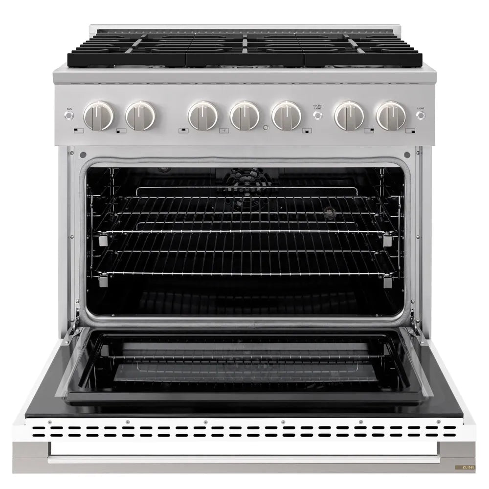 ZLINE 36 in. 5.2 cu. ft. Marino Dual Fuel Range with 6 Burner Gas Cooktop and Electric Convection Oven in Stainless Steel with White Matte Door (MDR-WM-36) front, oven open.