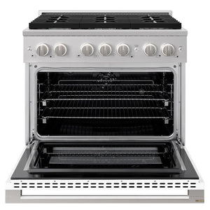 ZLINE 36 in. 5.2 cu. ft. Marino Dual Fuel Range with 6 Burner Gas Cooktop and Electric Convection Oven in Stainless Steel with White Matte Door (MDR-WM-36) front, oven open.