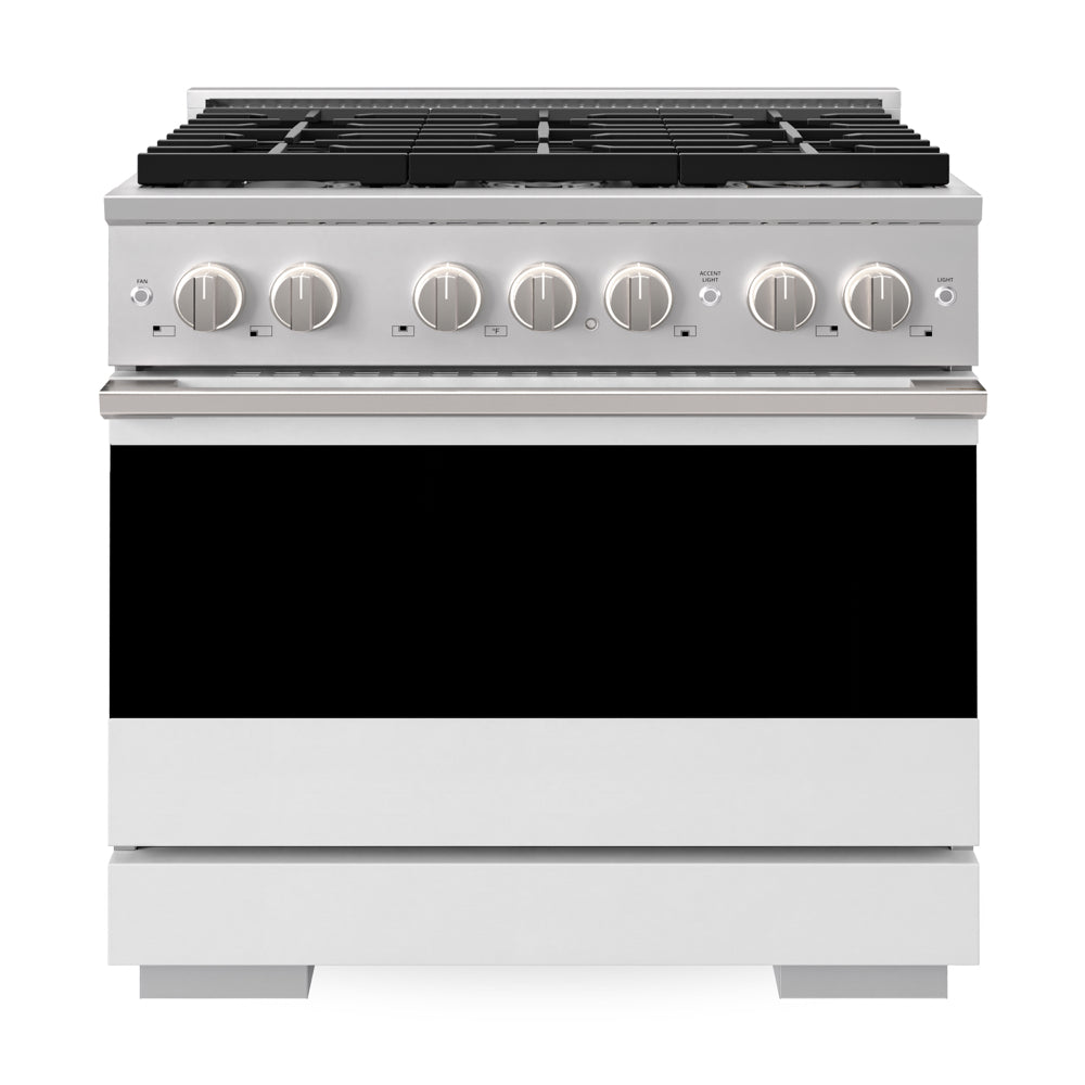 ZLINE 36 in. 5.2 cu. ft. Marino Dual Fuel Range with 6 Burner Gas Cooktop and Electric Convection Oven in Stainless Steel with White Matte Door (MDR-WM-36) front, oven closed.