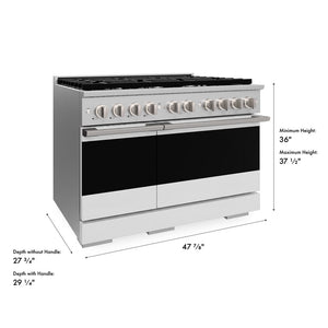 ZLINE 48 in. 6.7 cu. ft. Marino Double Oven Dual Fuel Range with 8 Burner Gas Cooktop in Stainless Steel with White Matte Doors (MDR-WM-48) with dimensions labeled.