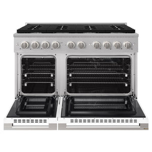 ZLINE 48 in. 6.7 cu. ft. Marino Double Oven Dual Fuel Range with 8 Burner Gas Cooktop in Stainless Steel with White Matte Doors (MDR-WM-48) front, oven open.