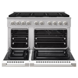 ZLINE 48 in. 6.7 cu. ft. Marino Double Oven Dual Fuel Range with 8 Burner Gas Cooktop in Stainless Steel with White Matte Doors (MDR-WM-48) front, oven open.