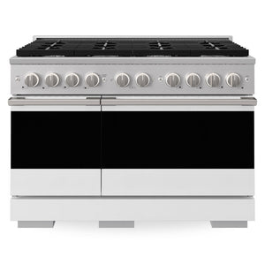 ZLINE 48 in. 6.7 cu. ft. Marino Double Oven Dual Fuel Range with 8 Burner Gas Cooktop in Stainless Steel with White Matte Doors (MDR-WM-48) front, oven closed.