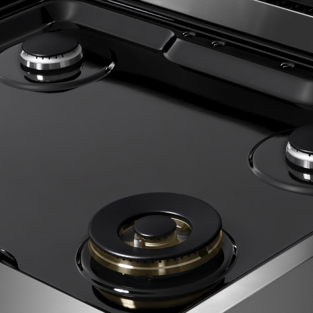 ZLINE 30 in. 4.2 cu. ft. Marino Dual Fuel Range with 4 Burner Gas Cooktop and Electric Convection Oven in Stainless Steel (MDR30) close-up, black porcelain cooktop without grates.