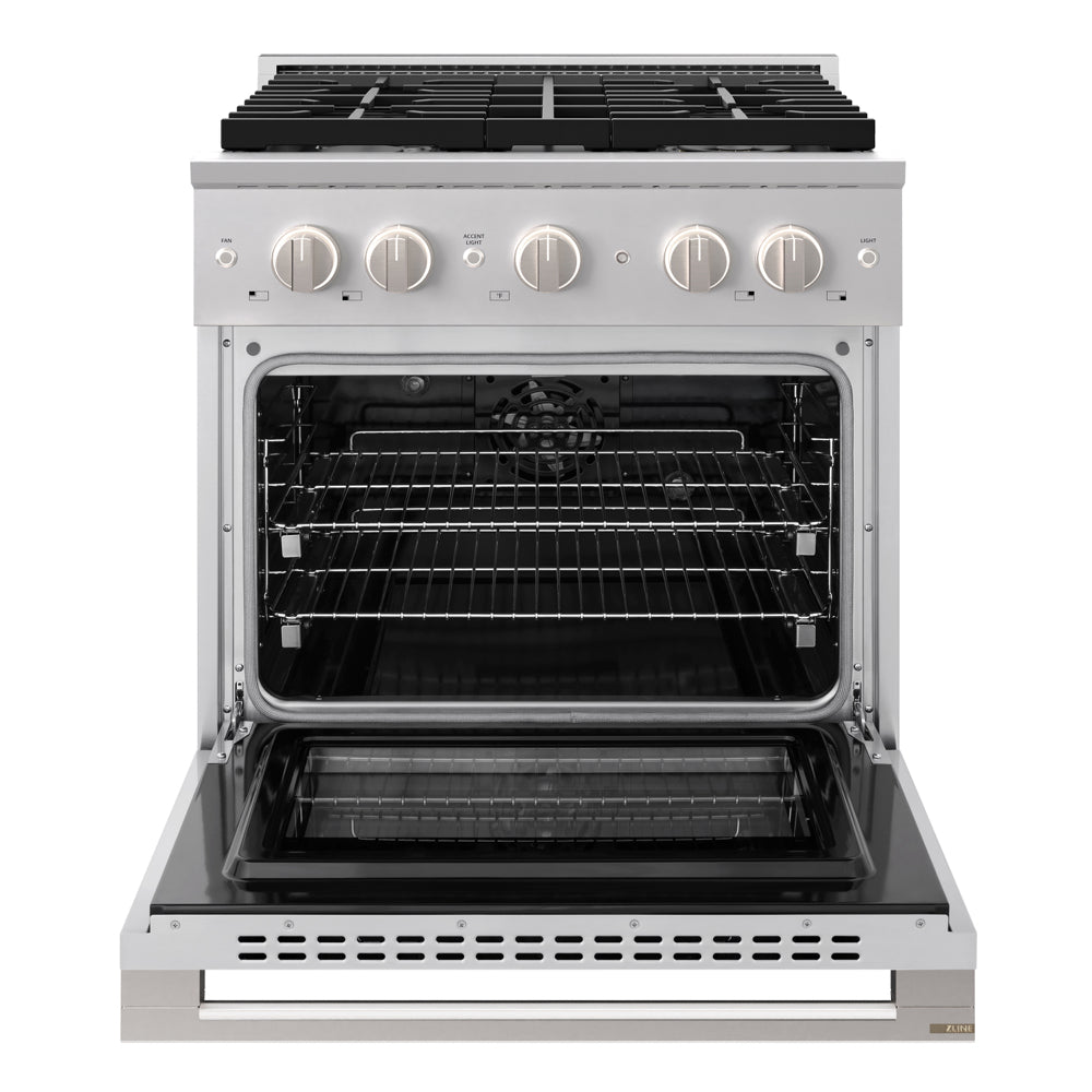 ZLINE 30 in. 4.2 cu. ft. Marino Dual Fuel Range with 4 Burner Gas Cooktop and Electric Convection Oven in Stainless Steel (MDR30) front, oven open.