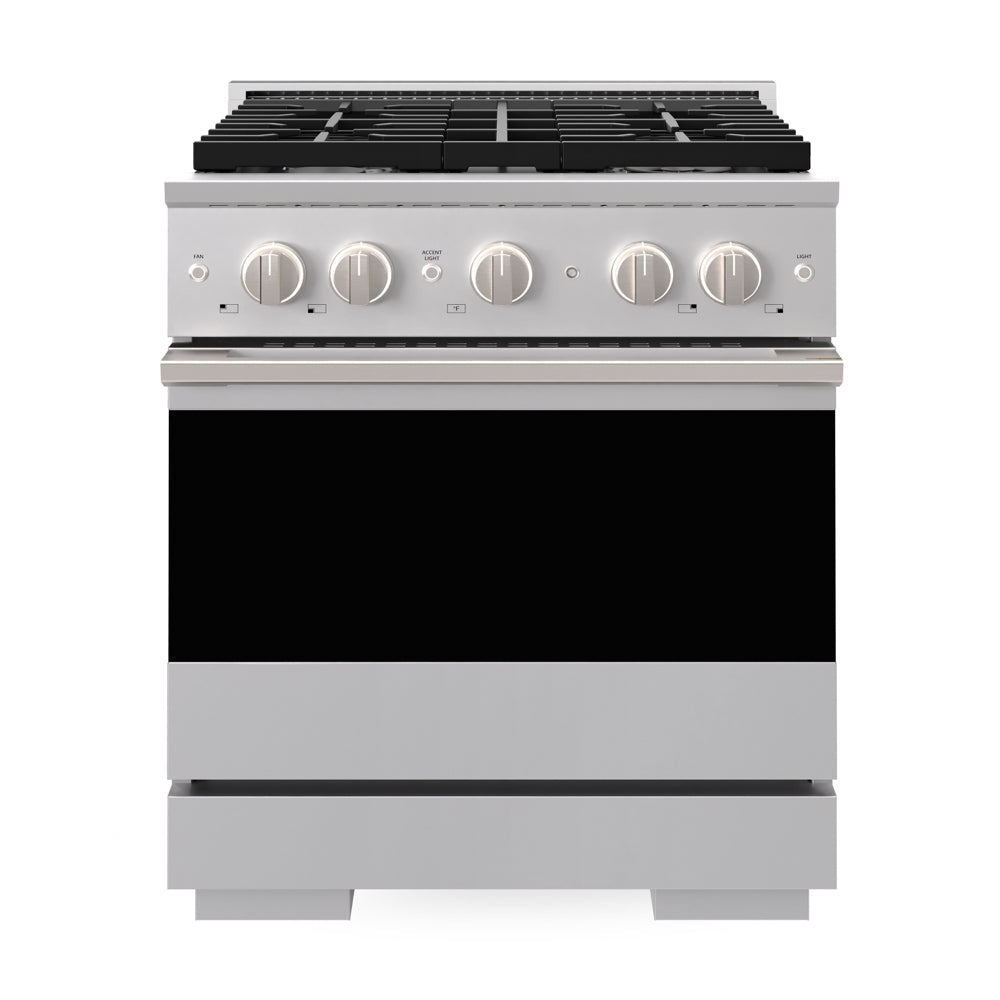 ZLINE 30 in. 4.2 cu. ft. Marino Dual Fuel Range with 4 Burner Gas Cooktop and Electric Convection Oven in Stainless Steel (MDR30) front, oven closed.